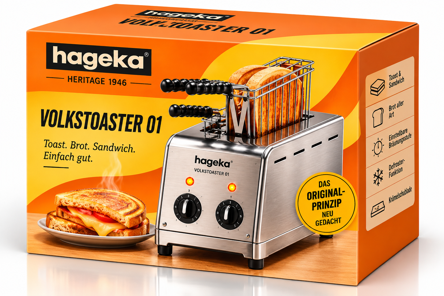 Konzept-Rendering des hageka Volkstoaster 01 mit Verpackung